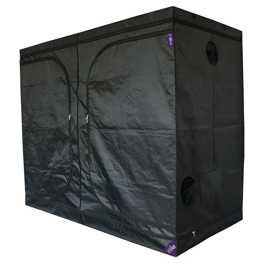 Black, zippered grow tent with multiple vents and a purple logo.