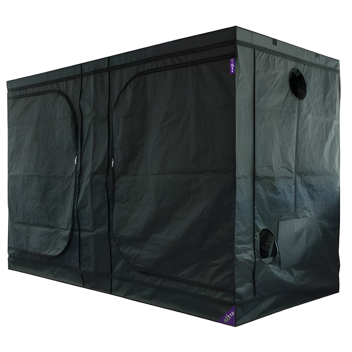 A black, rectangular grow tent with multiple doors and ventilation ports, ideal for indoor gardening.