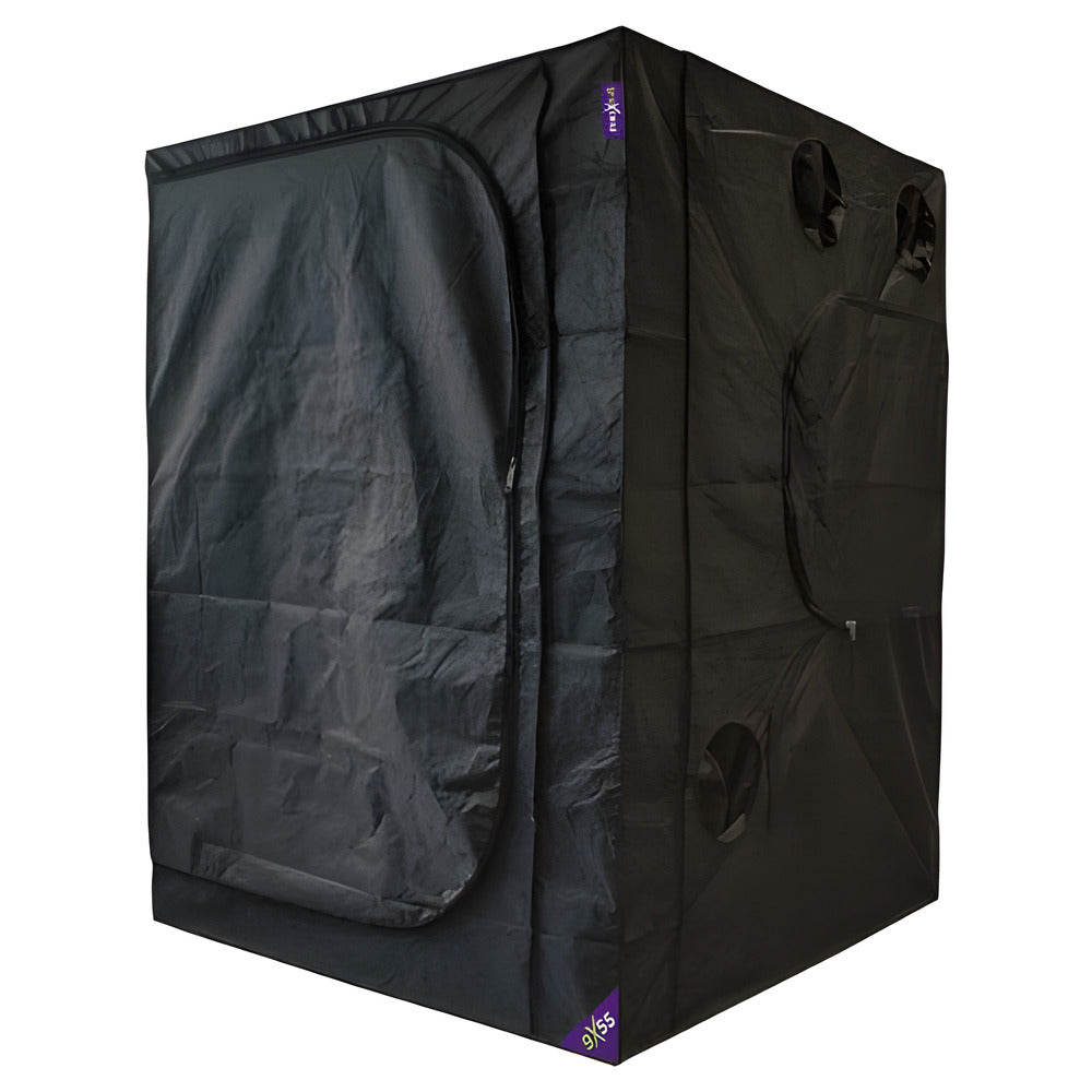 Black grow tent with zippered door and ventilation ports.
