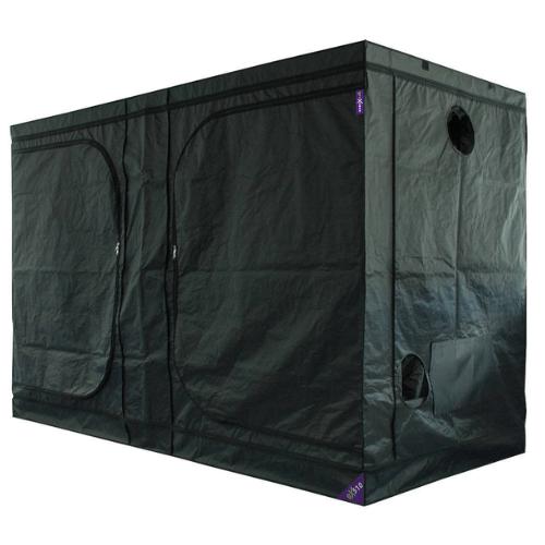Black multi-panel grow tent with multiple zippered doors and ventilation ports.