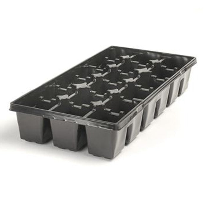 Black plastic seed tray with 20 square pots, ideal for starting plants.