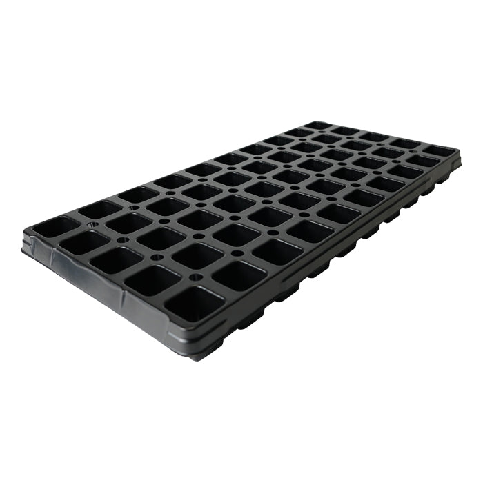 Black plastic 50-cell seedling tray, ideal for starting seeds.
