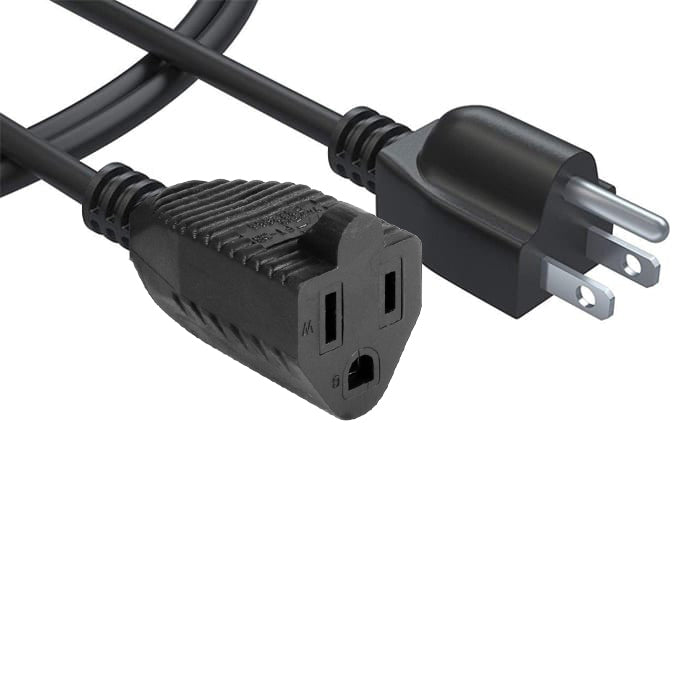Black 120V, 16-gauge, 50ft extension cord with a male plug and female receptacle.