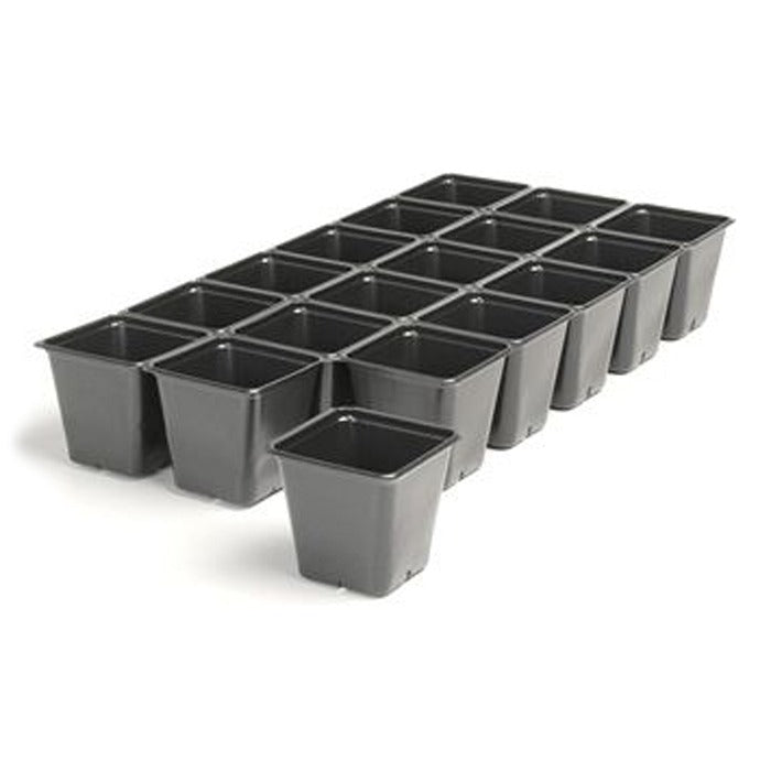 A tray of 20 black, square plastic seedling pots for growing plants.