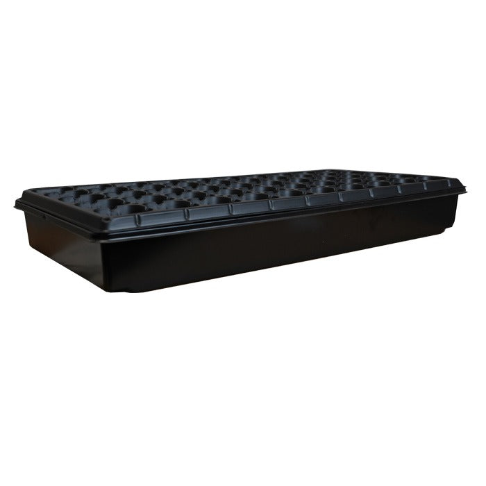Black 50-cell seedling tray, 10x20 inches, for growing plants.