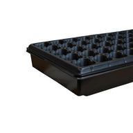 Black 50-cell seedling tray with a clear plastic lid on a white background.