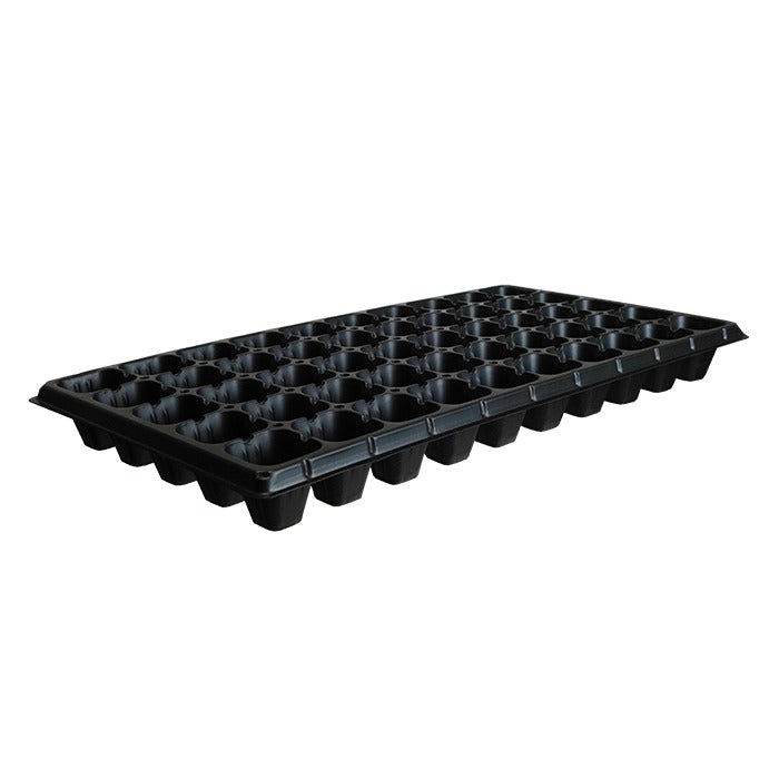 Black plastic 50-cell seedling tray, perfect for starting plants indoors or outdoors.