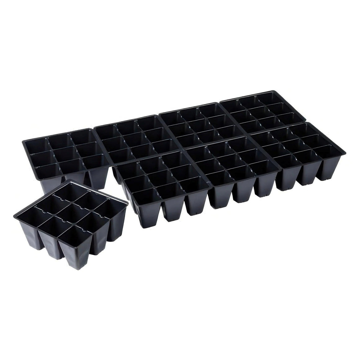 Black plastic seedling tray with 72 individual cells, arranged in rows and columns.