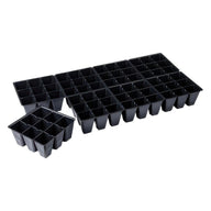 Black plastic seedling tray with 72 individual cells, arranged in rows and columns.