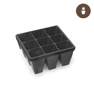 Black 9-cell seedling tray with individual cell compartments for starting seeds.