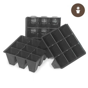 Black plastic seedling tray with 9 cells, shown at an angle, with two more trays in the background.