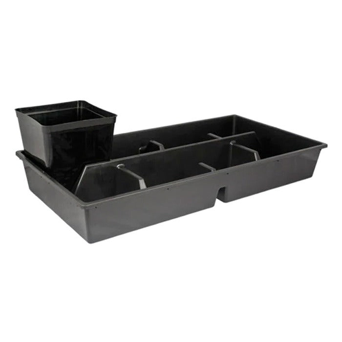 Black multi-cell plastic seedling tray with a separate pot insert.