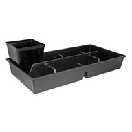 Black multi-cell plastic seedling tray with a separate pot insert.