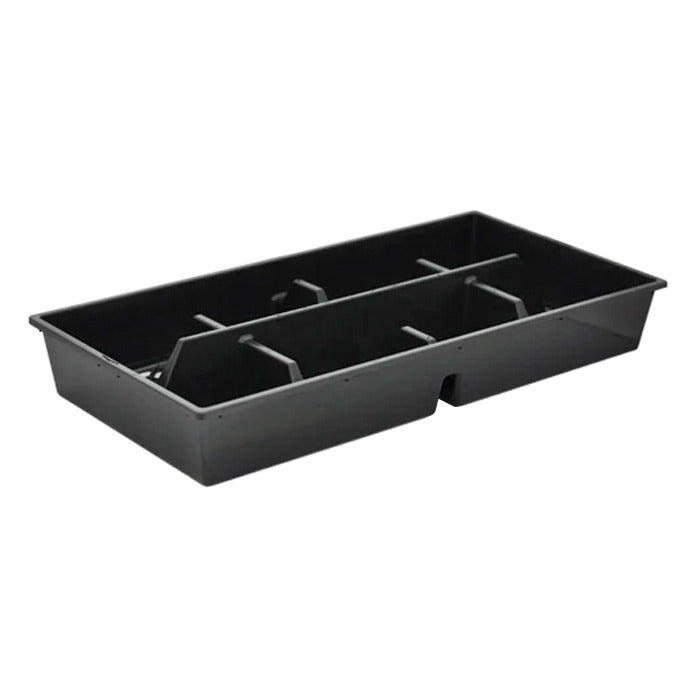 Black plastic grow tray with six individual cells, divided by cross-shaped dividers.