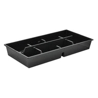 Black plastic grow tray with six individual cells, divided by cross-shaped dividers.