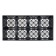 Black plastic grow tray with open square compartments, viewed from above.