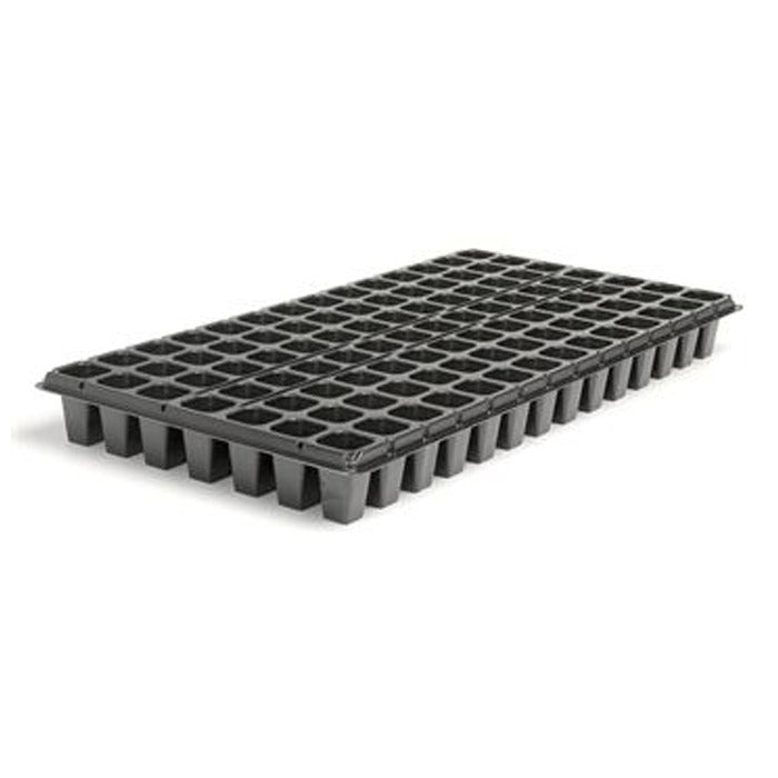 Black 98-cell seedling tray with individual compartments for starting plants.