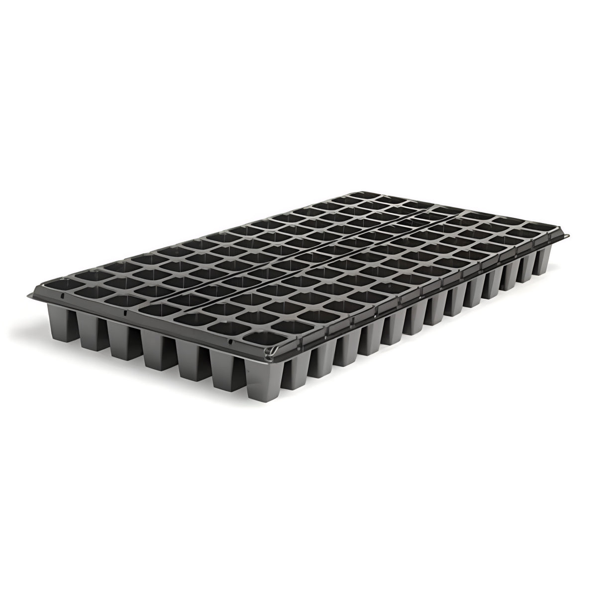 Black 98-cell seedling tray with individual compartments for starting plants.