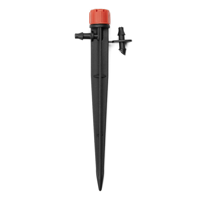 Black adjustable bubbler stake with red cap and two barbed outlets, isolated on white.