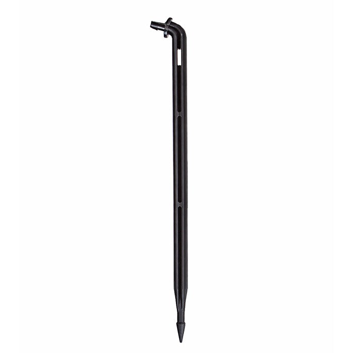 Angled black barbed drip stake with pointed end for garden watering.