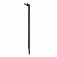 Angled black barbed drip stake with pointed end for garden watering.