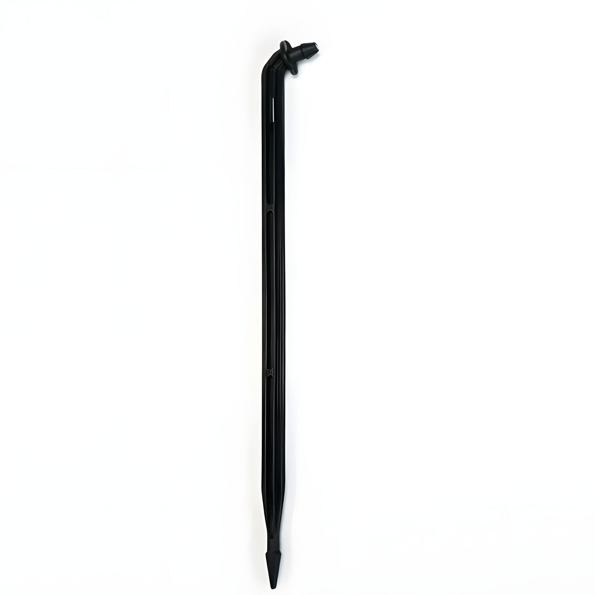 Black angled barbed drip stake with pointed end on white background.