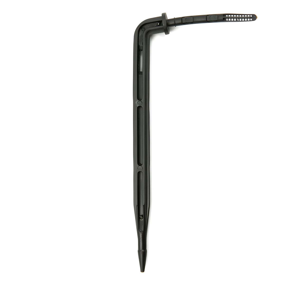 Angled black plastic drip irrigation stake with a pointed end and a perforated tip.