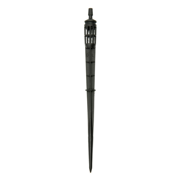 Black drip irrigation stake with a spiked base and a basket-like emitter at the top.