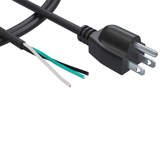 Power cord with three exposed wires (white, green, black) and a three-prong plug.