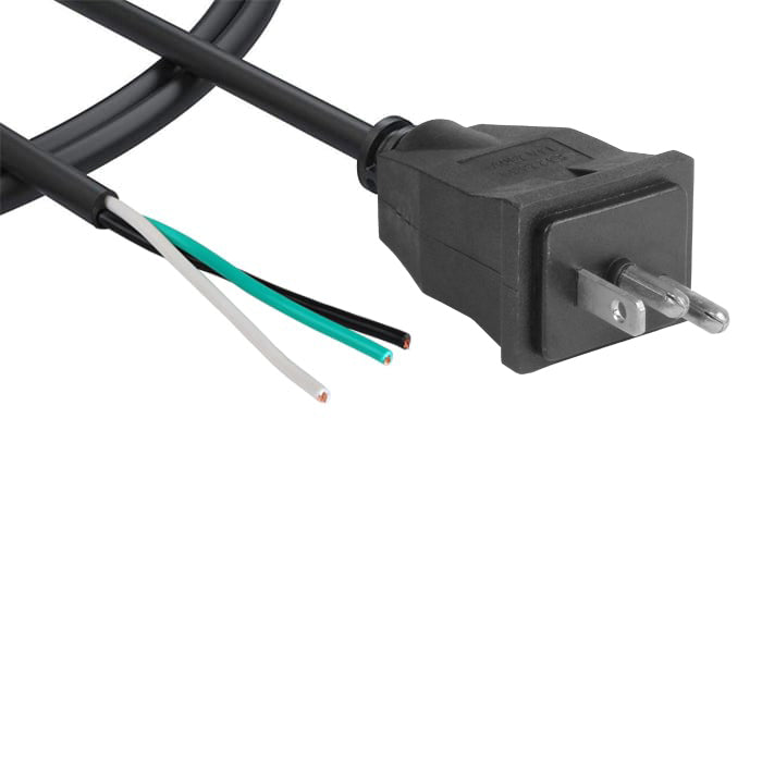 Black power cord with NEMA 5-15 plug, three exposed wires: white, green, black.