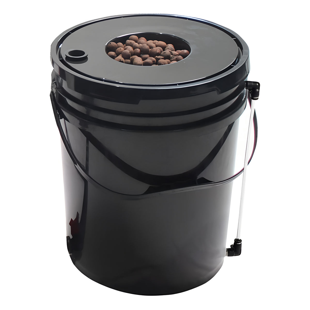 Black 5-gallon DWC hydroponic bucket with net pot filled with clay pebbles and clear tubing.