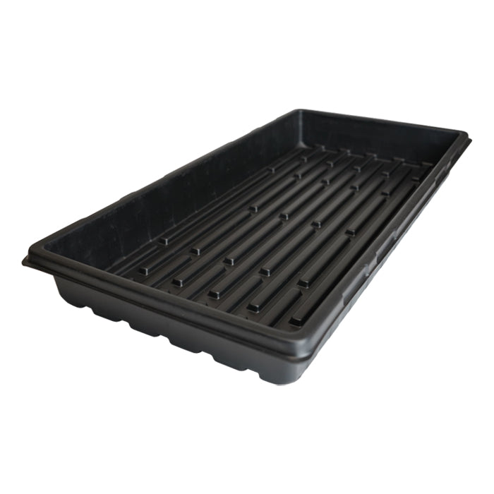Black plastic 10x20 inch propagation tray with ribbed interior and no drain holes.
