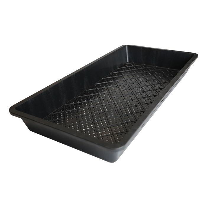 Heavy-duty black 10x20 inch propagation tray with mesh web and drain holes.