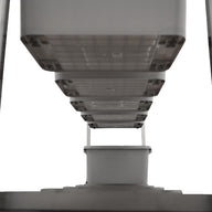 Bottom view of a multi-tiered stainless steel harvest sorting system, showing stacked bins with grid bottoms and support legs.