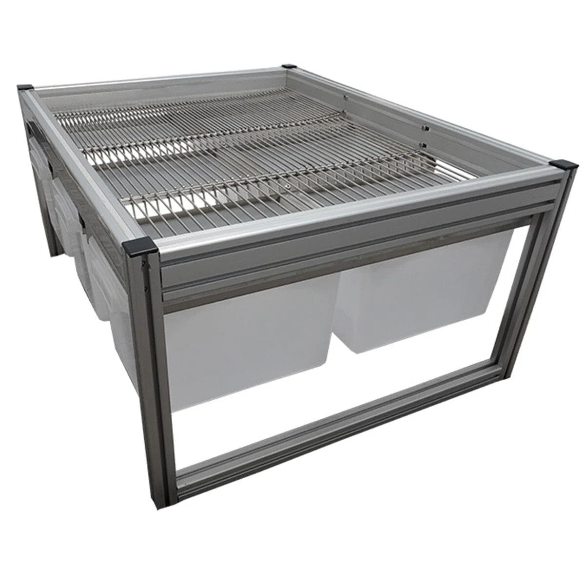 Silver aluminum frame harvest sorting system featuring a wire mesh deck, two large white collection bins, and hanging bags.