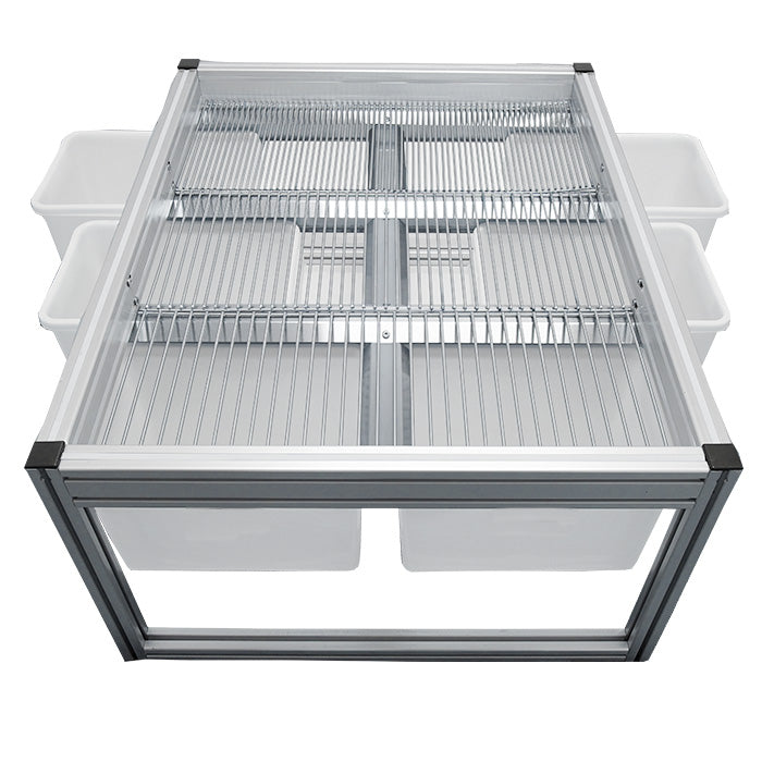 Aluminum frame stationary harvest sorting system with metal wire grate and white plastic collection bins.