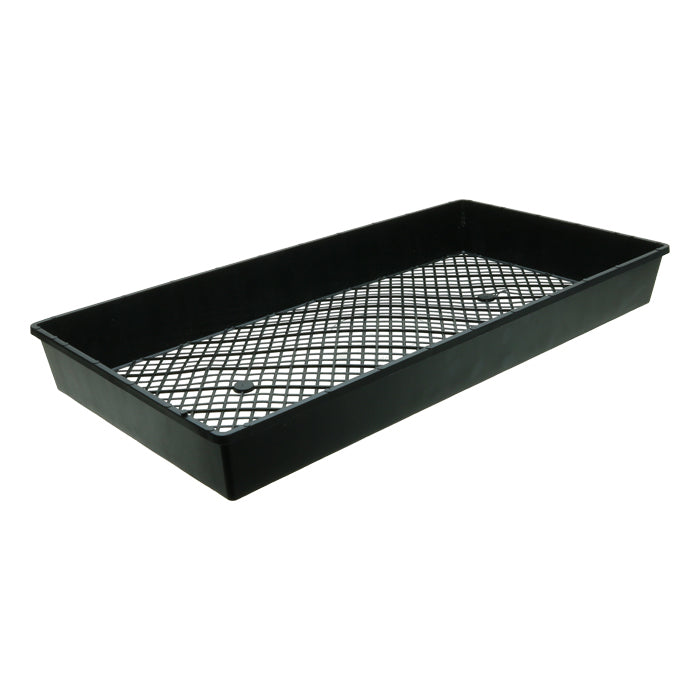 Black 10x20 inch propagation tray with mesh insert and drainage holes.