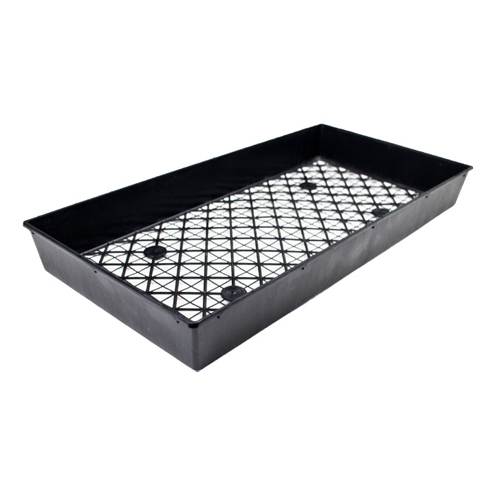Black 10x20 inch propagation tray with mesh webbed bottom and solid sides.