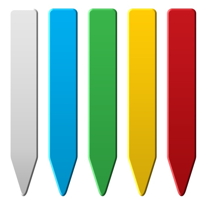 Five colorful plant stakes, white, blue, green, yellow, and red, with pointed bottoms.