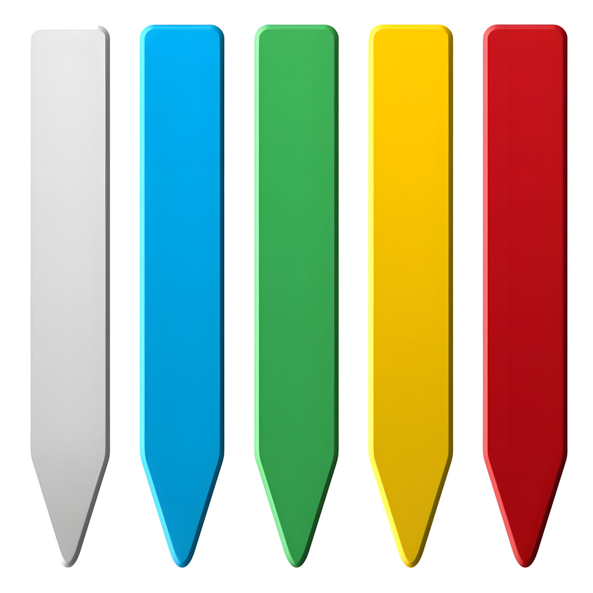Five colorful plant stakes, white, blue, green, yellow, and red, with pointed bottoms.
