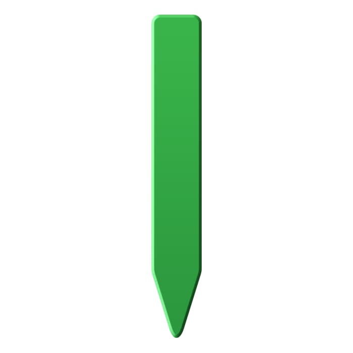 A green plant stake label with a pointed tip and rounded top on a white background.