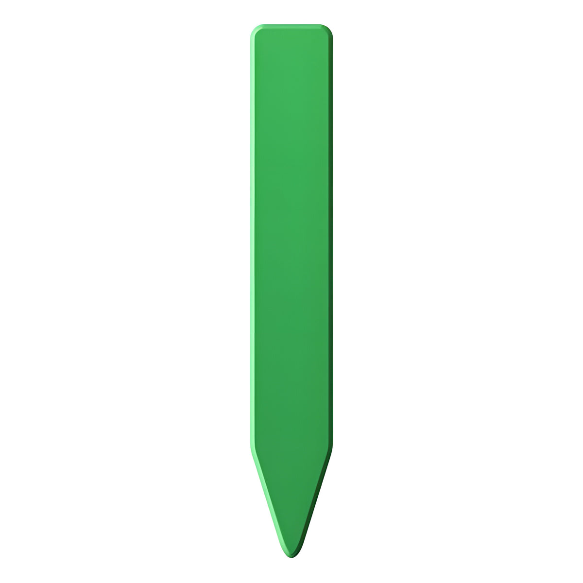 A green plant stake label with a pointed tip and rounded top on a white background.