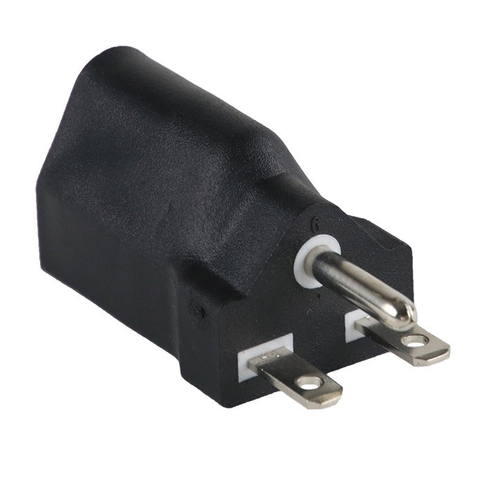Black electrical plug adapter with two flat prongs and one round prong.