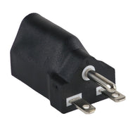 Black electrical plug adapter with two flat prongs and one round prong.