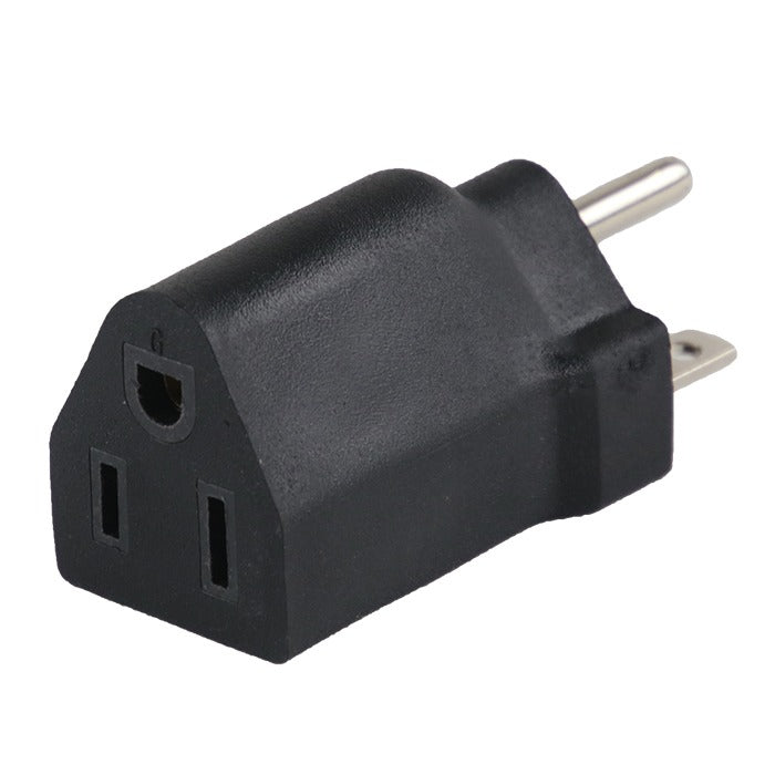 Black plug adapter with two flat prongs on one end and three slots on the other.