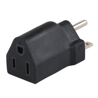 Black plug adapter with two flat prongs on one end and three slots on the other.
