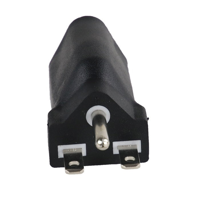 Black plug adapter with a grounding pin and two flat prongs.