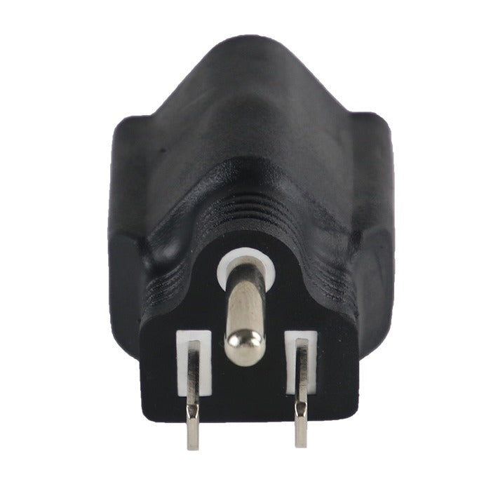 Black 240V to 120V plug adapter with three metal prongs on a white background.