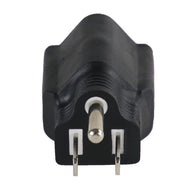 Black 240V to 120V plug adapter with three metal prongs on a white background.