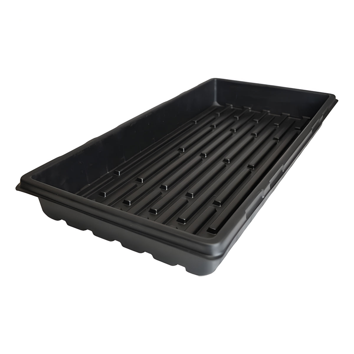 Black plastic propagation tray with ribbed bottom, no drainage holes, 10x20x2.25 inches.